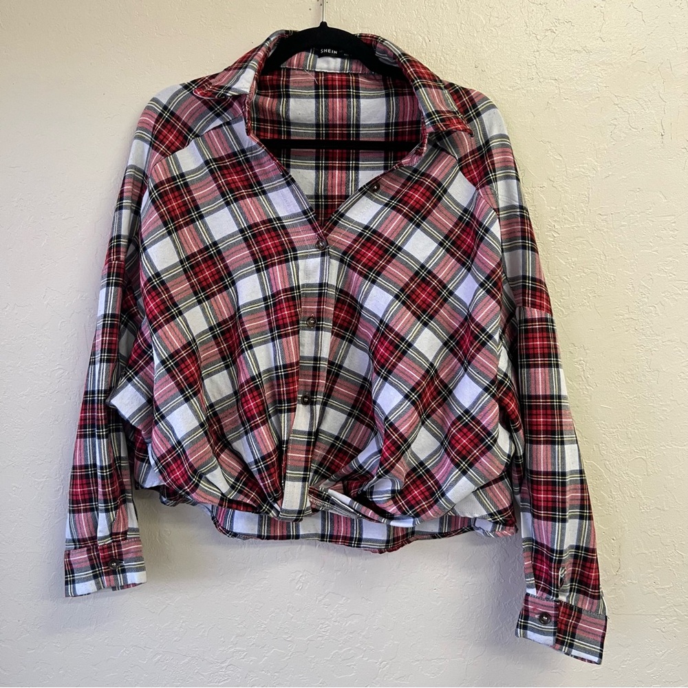 Shein Plaid Drop Shoulder Faux Knot Crop Button. Up Sz L GUC‎